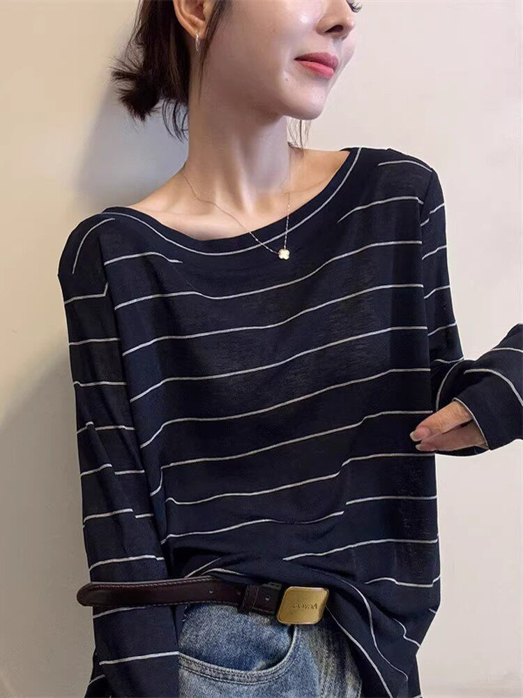 韩系时尚气质撞色条纹圆领长袖T恤女秋季宽松慵懒百搭高级感上衣