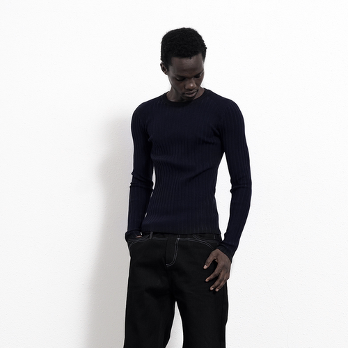 BEVAN UP|邃黑 纹理拼接大坑条修身舒适针织衫