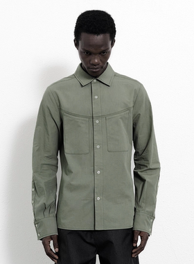 BEVAN UP|灰绿 天丝直袖弧线线迹双口袋宽松舒适衬衫