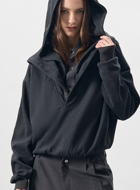 BEVAN UP| DimGray *绒感高翻领o字扣短款套头连帽重磅潮牌卫衣