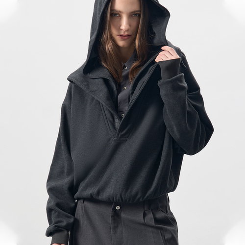 BEVAN UP| DimGray *绒感高翻领o字扣短款套头连帽重磅潮牌卫衣