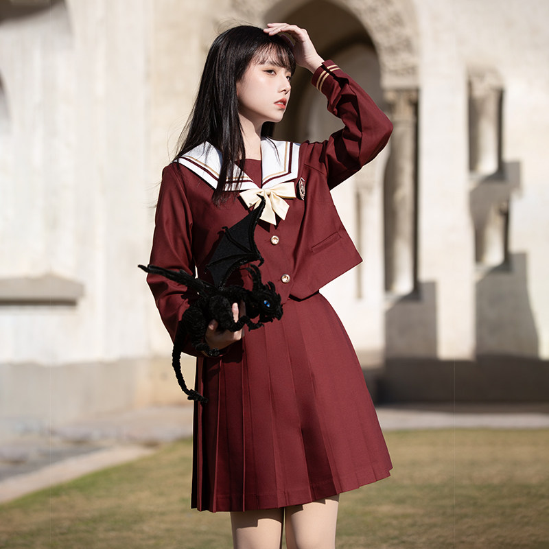 猫屿jk制服圣诞新年款酒红色裙子日系学院风现货长袖女水手服套装