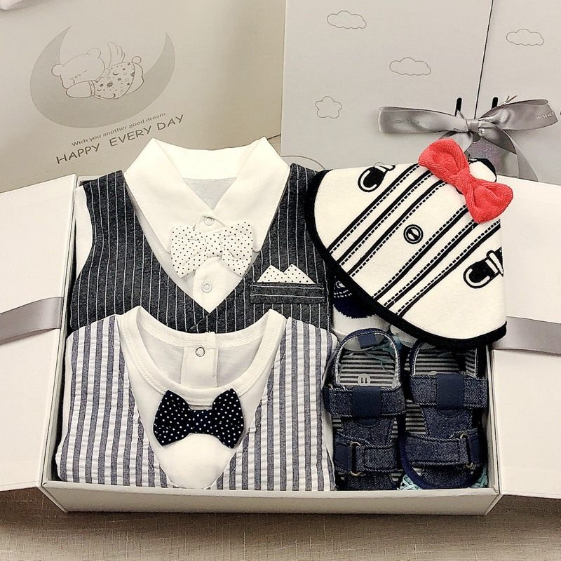 夏季新生婴儿礼盒男宝宝短袖全棉绅士哈衣套装满月礼百天周岁礼服