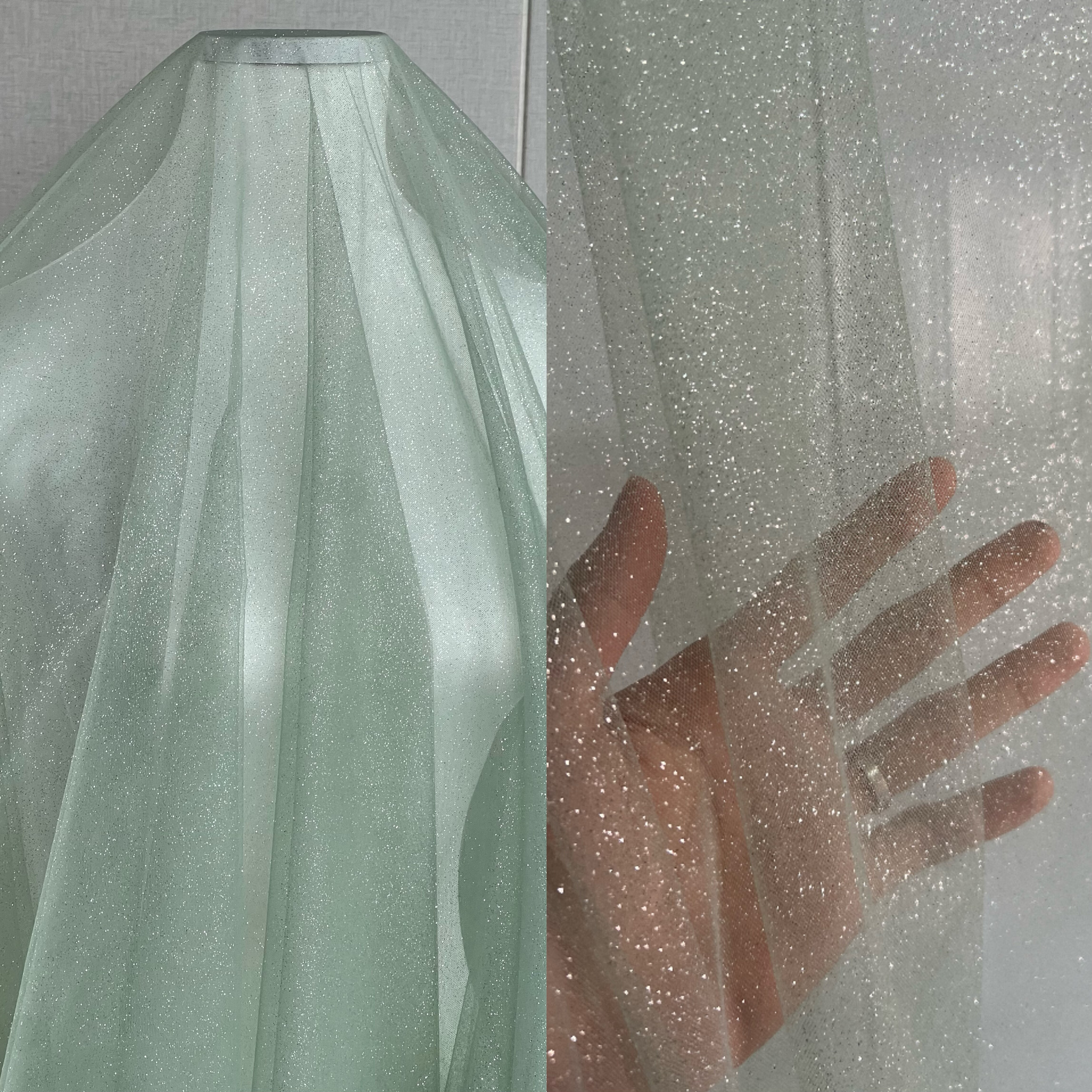 牛油果绿亮片网纱婚纱礼服面料