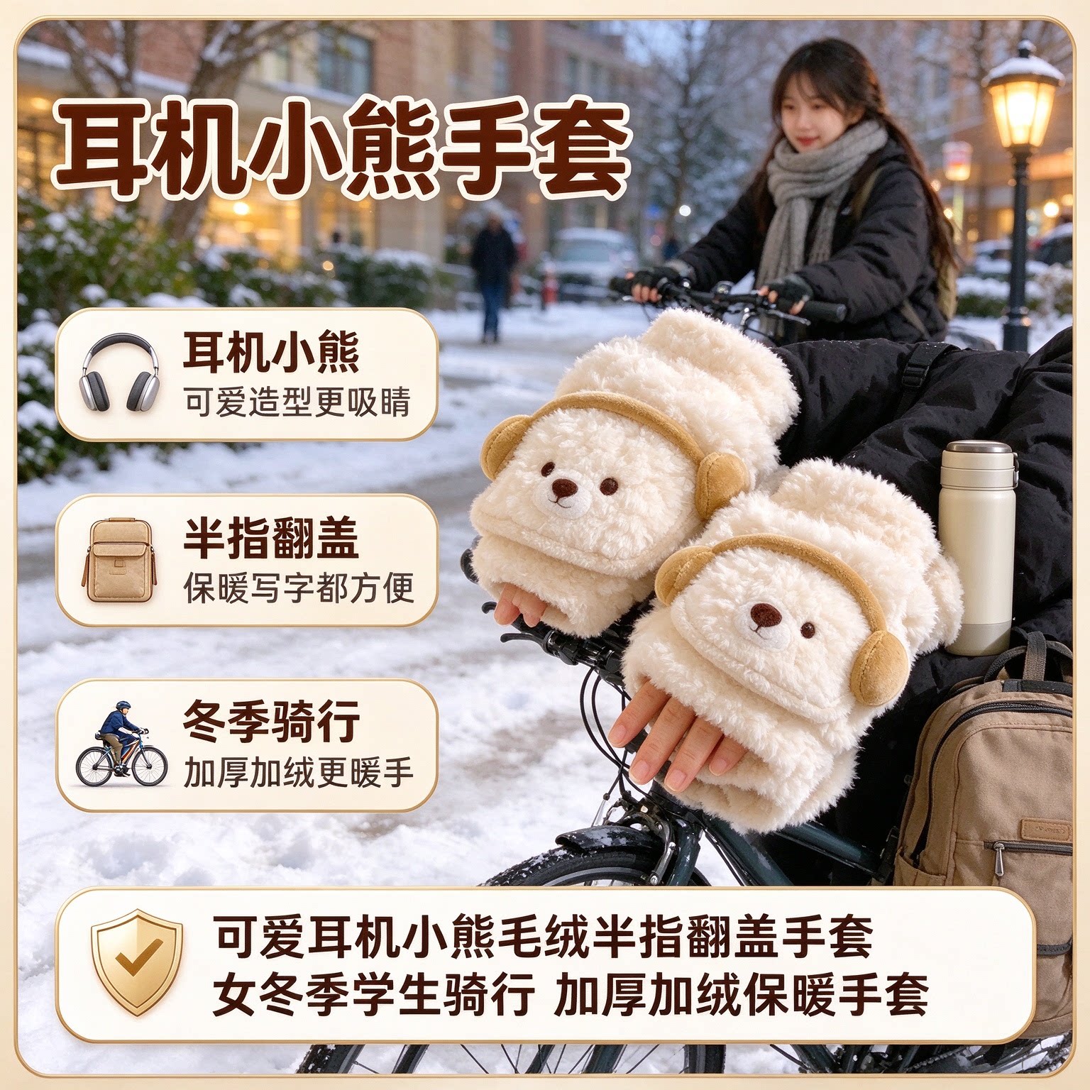 手套翻盖可爱耳机小熊毛绒手套冬季新款连指加厚加绒骑行保暖翻盖