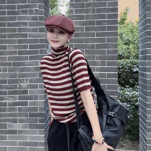 欧洲站秋冬新款高领经典条纹中袖t恤女洋气减龄显瘦内搭打底上衣