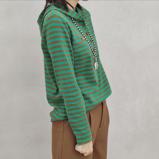 条纹T恤打底衫 纯棉宽松条纹连帽卫衣女春秋季 百搭时尚 个性 新款