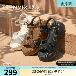 新款 天美意星河漫步一字带水钻增高厚底凉鞋 夏季 凉鞋 女外穿时装