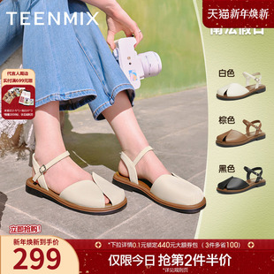 新款 夏季 KX008BL4 女外穿复古休闲凉鞋 天美意平底后空包头凉鞋