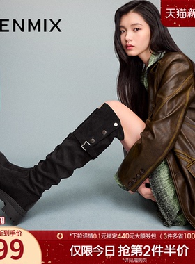 天美意复古厚底过膝弹力时装靴女高筒休闲长靴冬新款KNZ06DC4