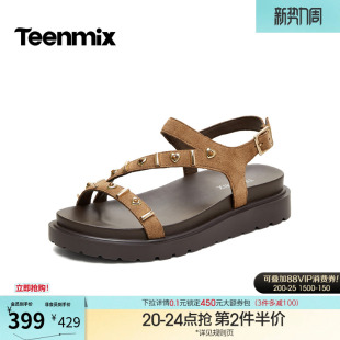 2026夏新款 凉鞋 KI023BL6 女外穿休闲时装 天美意一字带复古厚底凉鞋