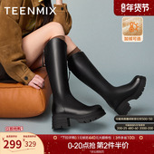 皮靴冬新款 天美意复古厚底V口加绒骑士靴长靴女鞋 子高筒时装