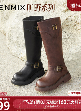 天美意复古厚底骑士靴西部靴长靴女高筒时装靴2025冬新款BM351DG5