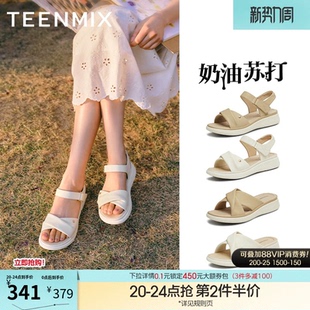 新款 天美意奶油苏打一字带凉鞋 夏季 女外穿沙滩凉鞋 休闲厚底凉鞋