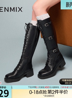 天美意复古西部靴骑士靴长靴女高筒时装靴皮靴冬新款BK251DG4