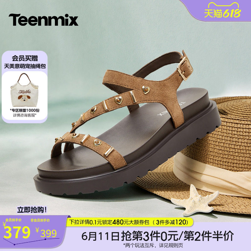 天美意一字带复古厚底凉鞋女外穿休闲时装凉鞋2026夏新款KI023BL6