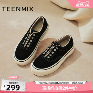 天美意复古厚底帆布鞋运动板鞋女一脚蹬休闲鞋秋季新款KB103DM5