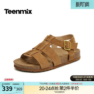 新款 2026夏季 KK094BL6 女外穿沙滩凉鞋 天美意复古厚底勃肯罗马凉鞋