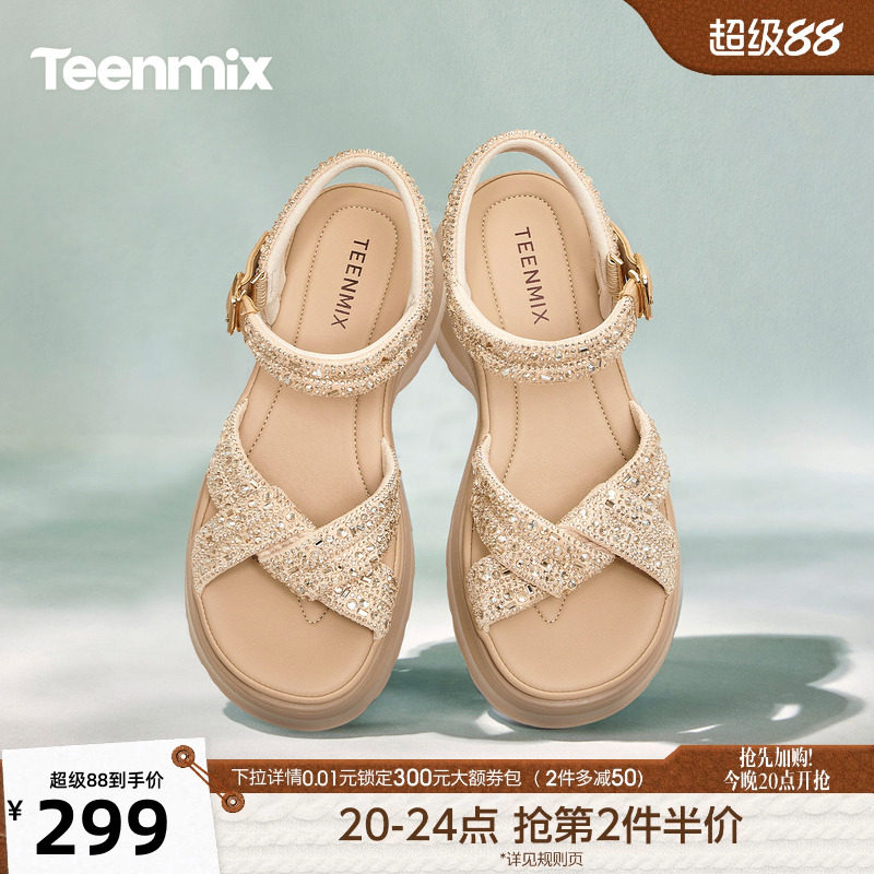 天美意一字带闪钻增高厚底凉鞋女外穿时装凉鞋2026夏新款KI018BT6