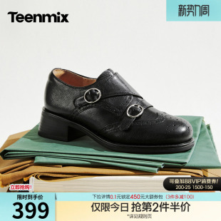 2026春新款 女粗跟单鞋 KY020AM6 英伦小皮鞋 天美意布洛克复古牛津鞋