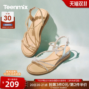 女时装 凉鞋 天美意一字带仙女风闪钻细带坡跟厚底凉鞋 新款 2026夏季