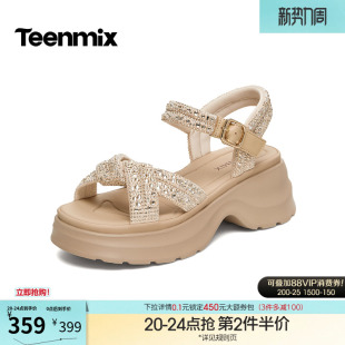 2026夏新款 凉鞋 KI018BT6 女外穿时装 天美意一字带闪钻增高厚底凉鞋