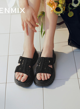 天美意一字拖闪钻增高厚底拖鞋女外穿休闲凉拖夏季新款BI972BT5