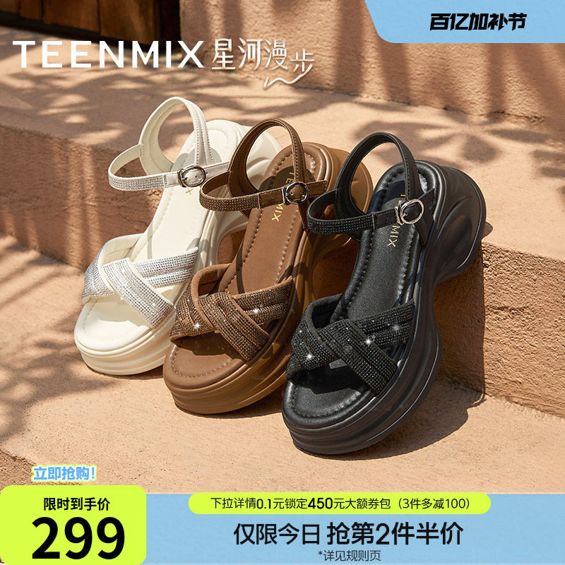 天美意星河漫步一字带水钻增高厚底凉鞋女外穿时装凉鞋夏季新款