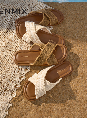 天美意一字拖编织度假平底拖鞋女外穿休闲凉鞋夏季新款KT072BT5