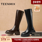 靴2025冬新款 天美意厚底增高弹力靴骑士靴加绒长靴女鞋 子高筒时装
