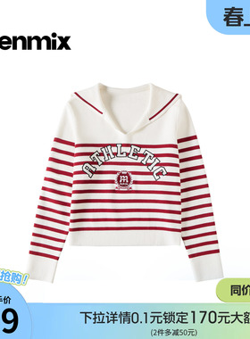 天美意条纹海军领学院风针织衫女长袖毛衣套衫2026春新款FSA29AM6