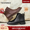 靴皮靴2025冬新款 天美意复古厚底加绒切尔西短靴女鞋 子瘦瘦靴时装