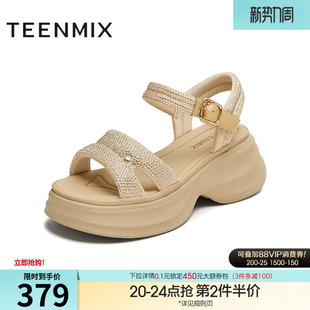 新款 夏季 BL401BL5 女外穿休闲凉鞋 天美意闪钻一字带增高厚底凉鞋