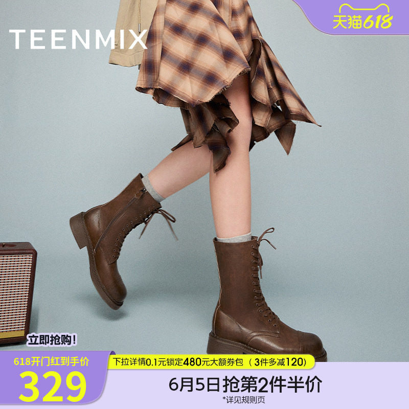 天美意复古西部靴马丁骑士靴女鞋厚底短靴皮靴冬新款KQZ02DZ4