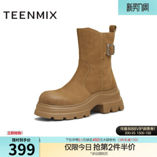 新款 靴冬季 CFB60DZ5 加绒时装 天美意厚底增高复古西部靴短靴女鞋