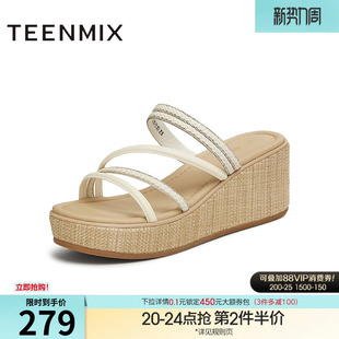 新款 夏季 COO12BT5 女外穿凉拖休闲凉鞋 天美意一字拖坡跟厚底拖鞋