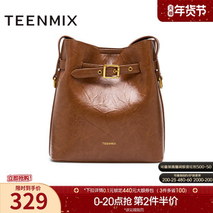 天美意复古包包女水桶包休闲单肩斜挎包大容量冬新款X3033DX4