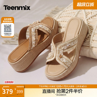 天美意一字拖坡跟厚底凉鞋 KT110BT6 女编织海边度假凉拖2026夏新款