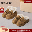 子2025冬新款 天美意绒绒拿铁厚底加绒保暖雪地靴棉鞋 女短靴棉拖鞋