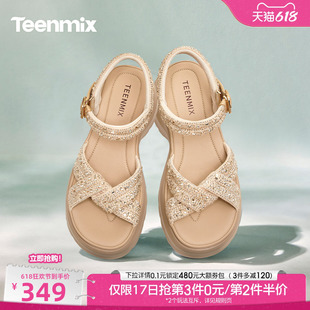 2026夏新款 凉鞋 KI018BT6 女外穿时装 天美意一字带闪钻增高厚底凉鞋
