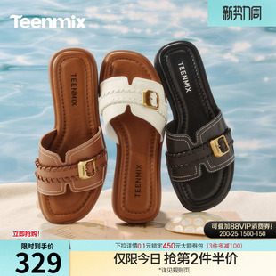 新款 2026夏季 KT101BT6 女外穿休闲凉拖鞋 天美意复古一字带平底拖鞋