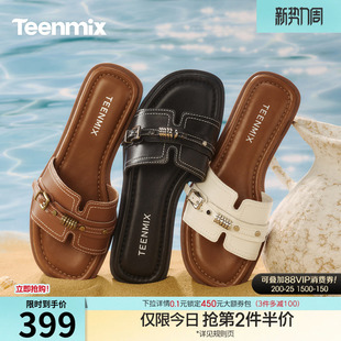 新款 2026夏季 KT111BT6 女外穿凉拖鞋 天美意一字拖复古休闲平底拖鞋