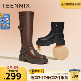 高筒皮靴子冬新NQX46DG3 天美意厚底骑士靴加绒长靴西部靴女鞋