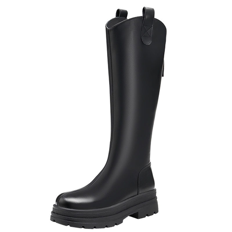 天美意复古厚底加绒骑士靴长靴女鞋子高筒时装靴皮靴冬季新款