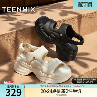 新款 夏季 CGT02BL5 女外穿沙滩休闲凉鞋 天美意一字带增高厚底凉鞋