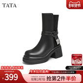 新款 TATA他她粗跟时装 短靴女靴加绒英伦显瘦切尔西靴冬季 CER01DZ4