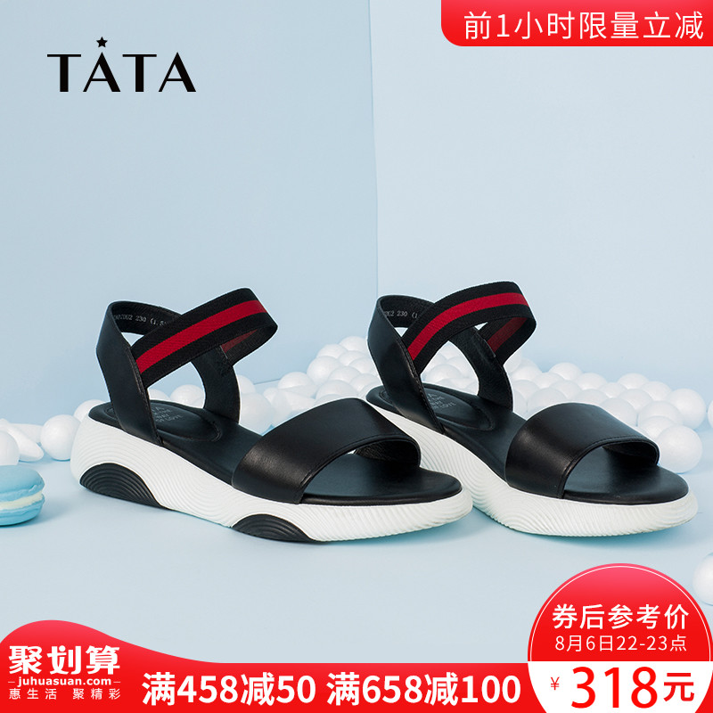 S2A07BL8夏拼接条纹织带学院休闲坡跟女凉鞋2018他她Tata