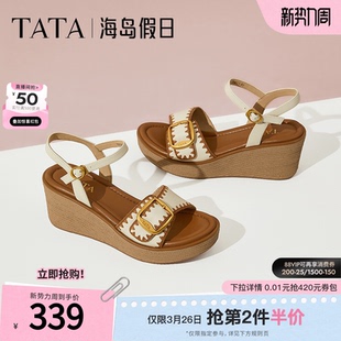 度假一字带凉鞋 通勤女鞋 夏7MYA1BL5 坡跟凉鞋 TATA他她海岛假日法式