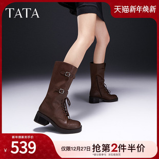 Tata他她复古粗跟中筒靴女鞋 7C671DS4 休闲机车靴骑士靴2024冬新款