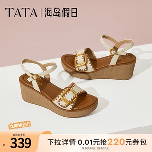 2025夏7MYA1BL5 TATA他她海岛假日法式 坡跟凉鞋 女鞋 度假一字带凉鞋
